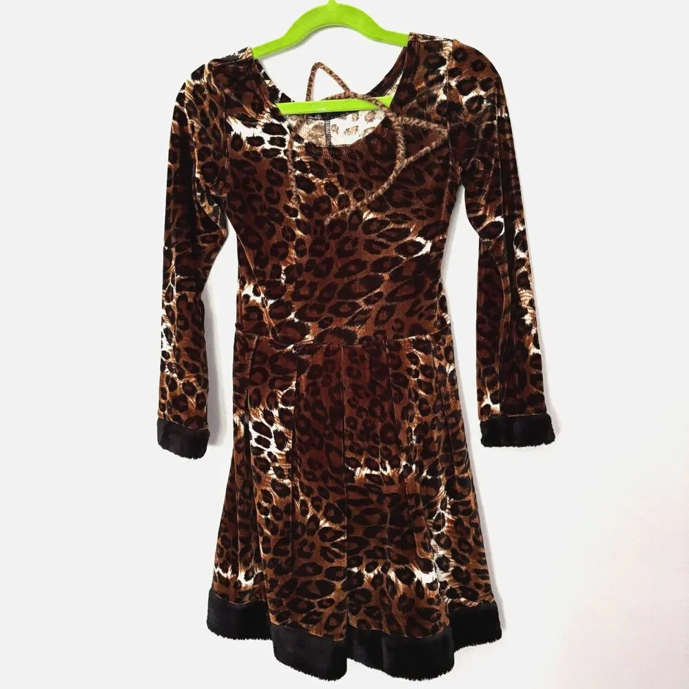 Girls Leopard Cat Halloween Costume Size 4-6T Faux Fur Trim Dress Ears Headband